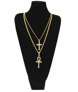 Gold Silver Egyptian Ankh med korshalsband Set Bling Rhinestone Crystal Key Cross Halsband Hip Hop Jewelry Set7582222