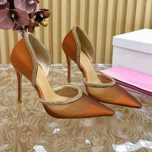 Dress Shoes Sexy Tawny Lace Mesh Crystal Edge Pumps Real Leather Pointed Toe Women's Stiletto Large Size