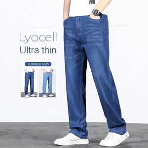 Herr jeans sommar tunna lyocell mens jeans is siden draperi lös affär raka elastiska casual jeans modebyxor 42 44 46 J240507