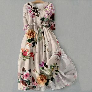 Women Fring Dress Floral Print Floral Maniche a manicotto a mezzano V MECKUP High Waist ALINE mezzo singolo petto di bohémien midi dre 240507