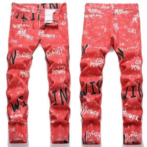 en's Jeans High Quality Mens Denim Jeans Letter Printed Red Teenager Trousers Daily Party Trend Straight Hip Hop High Street Pants J240507