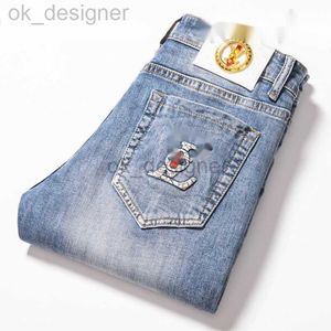 Men's Jeans Designer New summer light color jeans men's slim fit small foot elastic fashion label printed pants