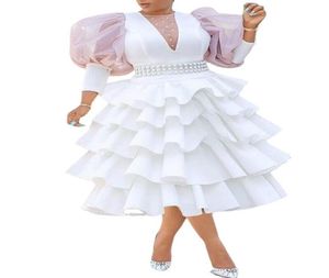 African Women Plus Size Biała sukienka imprezowa Vintage Puff Rleeve Słodki marszczyzny warstwowy Summer Spring Club Mini7753612