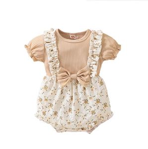 Baby barn outfit nyfödda baby flickor blommor bodysuit söt jumpsuit kort ärmlösa kläder bodysuit+ pannband