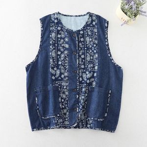 Kvinnors västar tryckt denim lapptäcke enkelbröst ärmlös väst vår och sommar japansk stil lös plus storlek avslappnad