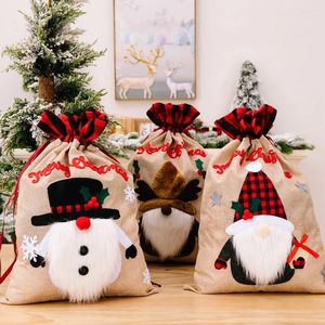 Storage Bags Christmas Drawstring Large Candy Gift Burlap Bag Cute Linen Tote Lattice Side Pocket For Children
