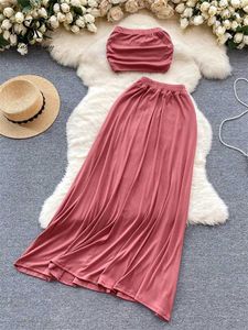2 피스 드레스 Singreiny Vacation Beach Style Suits Strapless Mini Crop Tops+Loose Long A Line Skirt Women 2024 Summer Trendy Strtwear Sets Y240508