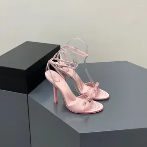 Dress Shoes Pink Dahlia Bow Satin Heeled Sandals Crystal Open Toe Criss-crossing Ankle Strap Stiletto Heel Tie Silk High Sandal