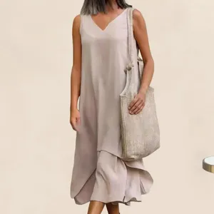 Casual Dresses Loose Fit Dress Stylish V Neck Midi For Women Solid Color A-line Double-layered Patchwork Summer Shopping