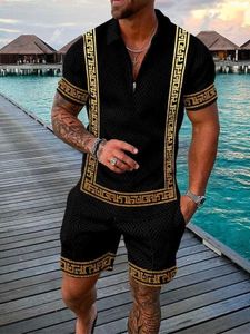 Herrspårsugnar High Quty Fashion Summer Luxury Mens Casual Polot T-Shirt Set Overdimensionerad Trend Striped Print Color Matching Beach Style Tyg T240507