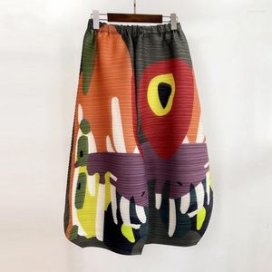 Saias miyake calças de perna largura largura Mulher Mullicolor Print Elastic High Caist Loose Plus Tamanho 2024 Autumn Mulheres roupas