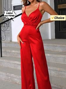 Women's Jumpsuits Rompers Summer New Elegant Womens Jumpsuit Street Top Fashion High Waisted Sexy Suspender High-end Temperament V-neck Wide Leg Jumpsuit d240507