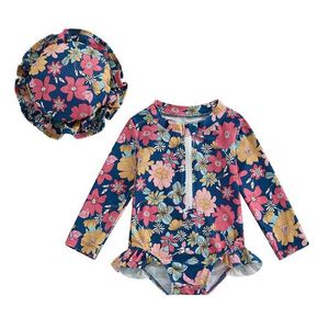 Pieces Baby Girl Rash Guard Swimsuit 1 peça de manga comprida roupas de banho floral zíper briffle criança roupa de banho de traje de praia h240508