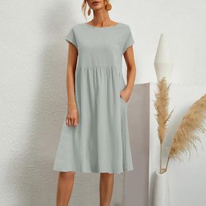 Abiti casual lino di cotone da donna lungo o collo una linea abito midi sciolto signore ginocchio lunghezza con abito tascabile femme