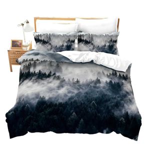 Sängkläder set bergssäng Set Forest Down Däcke Cover Large/Large Natural Scene Grey Tree Art Folk Style 2/3 Piece Polyester Comfort Cover J240507
