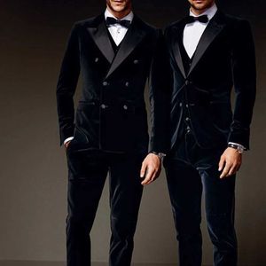 Herrdräkter Blazers Senaste jacka och byxor Design Navy Blue Double Breasted Velvet Mens Set Formal Ultra-Thin Lämplig för Wedding Evening Q240507