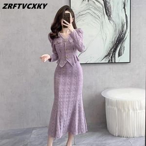 Arbetsklänningar Spring Autumn Lace Two Piece Set For Women Elegant V-Neck Topps Fashion Mermaid Midi Kjol Outfits Casual Office Ladies Suits