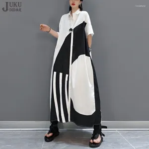 Party Dresses Loose Fit Tide Big Size Summer Woman Black and White Patchwork Shirt Dress Korean Style Casual Wear Large Robe JJXD065