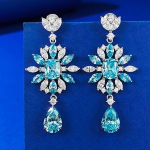 Flower Aquamarine Diamond Dingle Earring 100% Real 925 Sterling Silver Wedding Drop Earrings For Women Bridal Engagement Smycken