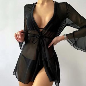 Summer Lady Beach Cover Up Sexy Bikini Mesh Chiffon Mini Dress For Women Solid Bathing Suit Tunic Kaftan