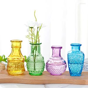 Vase 1PCカラフルな水耕栽培フラワーアレンジメントエンボス加工された家庭用装飾花瓶のガラス絶妙なライトラグジュアリーヴィンテージスタイルミニ