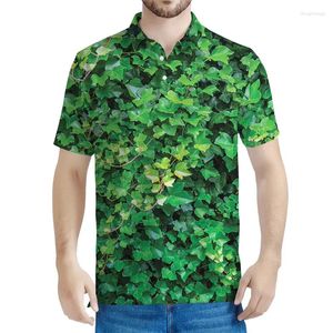 Polos masculinos Camisa de pólo de padrão de folha verde para homens roupas de verão harajuku mangas curtas camisetas mulheres plantas estampadas 3d folhas de lapela camiseta