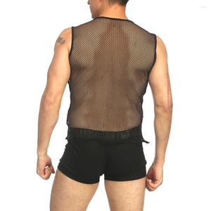 Erkek tank üstleri erkek üst örgü fishnet telli yelek kolsuz o boyun tulle netting slim spor gömlekleri seksi siyah kulüp giysileri