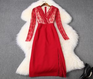 2020 Spring Summer Black / Red Long Sleeve V Neck Print Lace Paneled Mid-Calf Dress Fashion Casual Dresses LJ28T106056743661