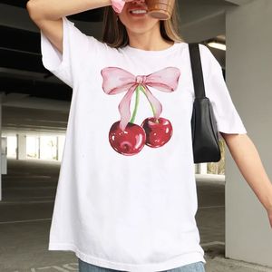 Cherry Bow gedruckt Frauen Vintage T-Shirt Trendy Niedes Coquette T-Shirt Short Sleeve Cottagecore Ästhetische Tops weibliche Kleidung 240506