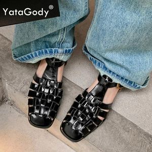 Freizeitschuhe Yatagody Größe 34-40 Frauen Gladiator Flats Sandalen Echtes Leder gewebtes T-Strap