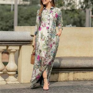 Womens Fashion Holiday Casual Lapel Löst passande klänning Långärmad retro blommig tryckklänning Knappficka Lång klänning 240507