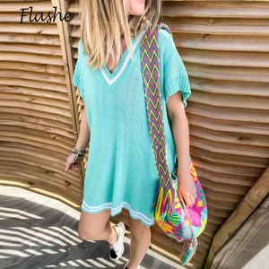 Summer Short Dress Women V Neck Rands Patchwork Loose Dresses For Women Fashion Casual Short Sleeve Womens Dress 240426