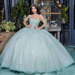 Light Green Quinceanera Dress For Sweet 16 Girl Off The Shoulder Applique Lace Beaded Tull Graduatin Party Prom Dress vestidos de 15 anos