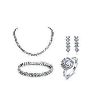 New 925 Sterling Silver Jewelry Sets Engagement Wedding for Brides Ring Earrings Bracelet Necklace N0012486369