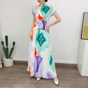 Printed Pleated Womens Summer Temperament Tofu Top Large Swing Skirt Two Piece Set 240429