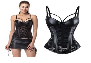 Sexy Women039s Punk Bustier Plus Faux Leather Gothic Corset Lace Padded Bra Waist Cincher match lace up side leather mini skirt8915077