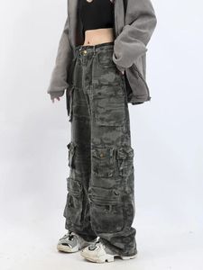 Jeans de bolso de carga de camuflagem americana y2k Europa America Hip Hop Street Fried Leg Wide Pants Casual High Street 240430