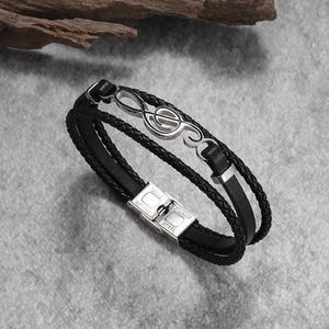 Bangle Creative Design Punk Stainless Steel Musical Notes Armband Hip Hop Style Leather Woven Men and Women Party Jewelry