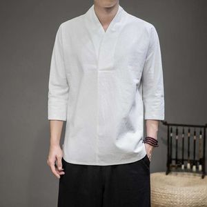 Shanli Dadi Summer Style Linen Shirt, Chinese Tang Style Kort ärmskjorta, Retro Style Men's Clothing, på den tre kvarts ärm