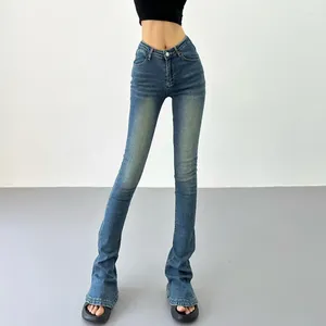 Kvinnors jeans tvvovvin kvinnors v-formade midja bantning wrap visar benlängd fashionabla elastiska denim hästsko byxor golvmopp 54st