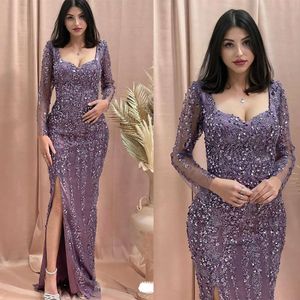 Mor Sütun Prom Square Squeeless Flooress Flooress Dantno Lace Desen Alequiques Pullar Beading Celebrity Gece Elbiseleri Artı Boyut Özel Yapımı L24597 0508