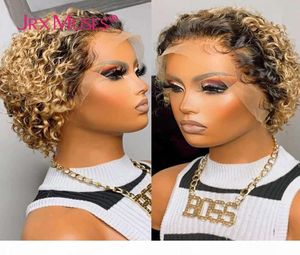 Honey Blonde Cut Preplucked Ombre Bob Lace Front Short Curly Human Hair Wigs 13x4 Pixie Wig For Black Women9111078