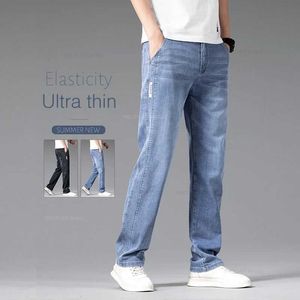 Men's Jeans Summer Thin Jeans Mens Loose Straight Pants Fashion Elastic Waist Stretch Cotton Business Casual Denim Trousers Light Blue Y240507