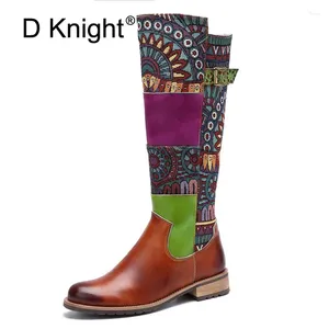 Stiefel d Knirt Vintage Knie High Women Shoes Bohemian Retro echte Leder Lady Motorrad gedruckt Cowboy für