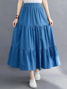 Skirts Casual Solid Long Denim Skirt Women 2024 Summer Korean Elegant A Line High Waist Patchwork Maxi Jeans Female Lady Z556