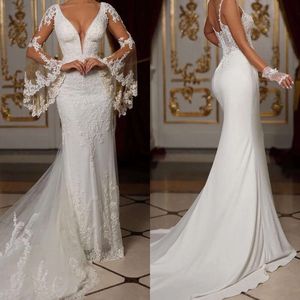 Wedding Dresses Long Deep V-Neck Elegant Mermaid Sleeves Lace Applicants Tulle Backless Court Custom Made Plus Size Bridal Gown Vestidos De Novia