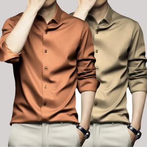 X-6XL Orange Mens Long Sleeved Luxury Pleated and Non Intoned Solid Business Casual Dress Shirt 240425