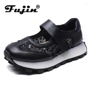 Buty zwykłe Fujin 4 cm platforma dla kobiet moda moda Mary Jane Hook Summer Air Mesh Ethnic prawdziwa skórzana skóra