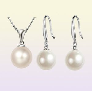 Fashion Women Pearl Jewelry Set 925 Silver Box Chain Fit 10MM 12MM Smooth Pearl Ball Bead Pendant Necklace Earrings Jewelry Set 105896001