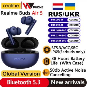 Aurberi cellulari Versione globale Budme REALME AIR 5 TWS ABERPHONI 50DB Cancellatura del rumore attivo 38 ore durata della batteria IPX5 Bluetooth 5.3 J240508